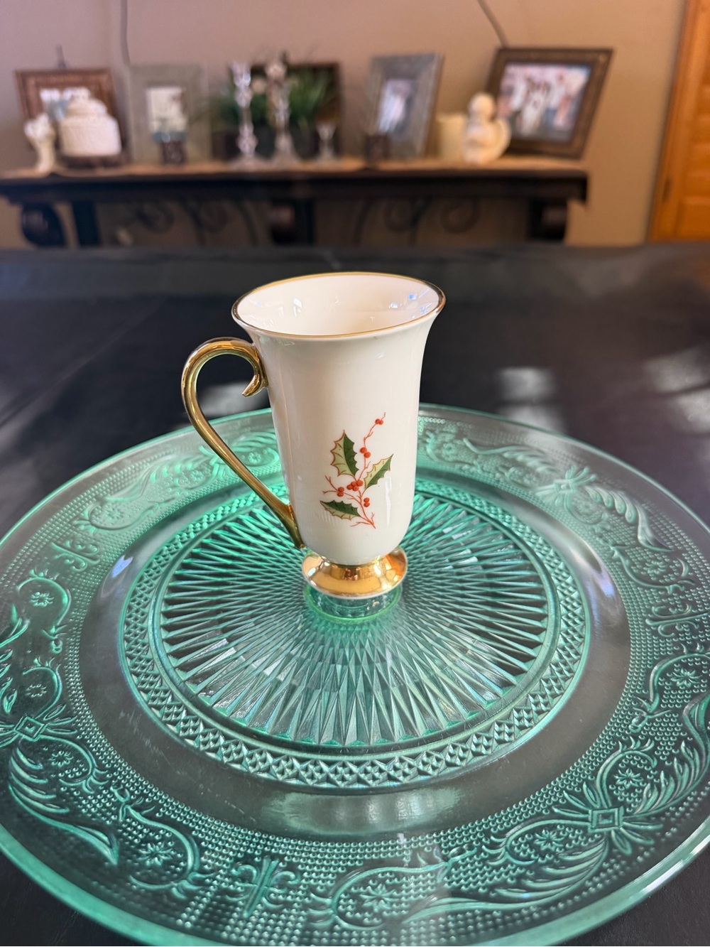 Lefton White Demitasse Cup with Gold Trim and Holly Motif